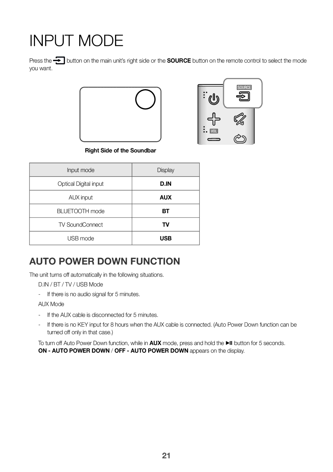 Samsung HW-K335/EN manual Input Mode, Auto Power Down Function, You want, Right Side of the Soundbar, Input mode Display 