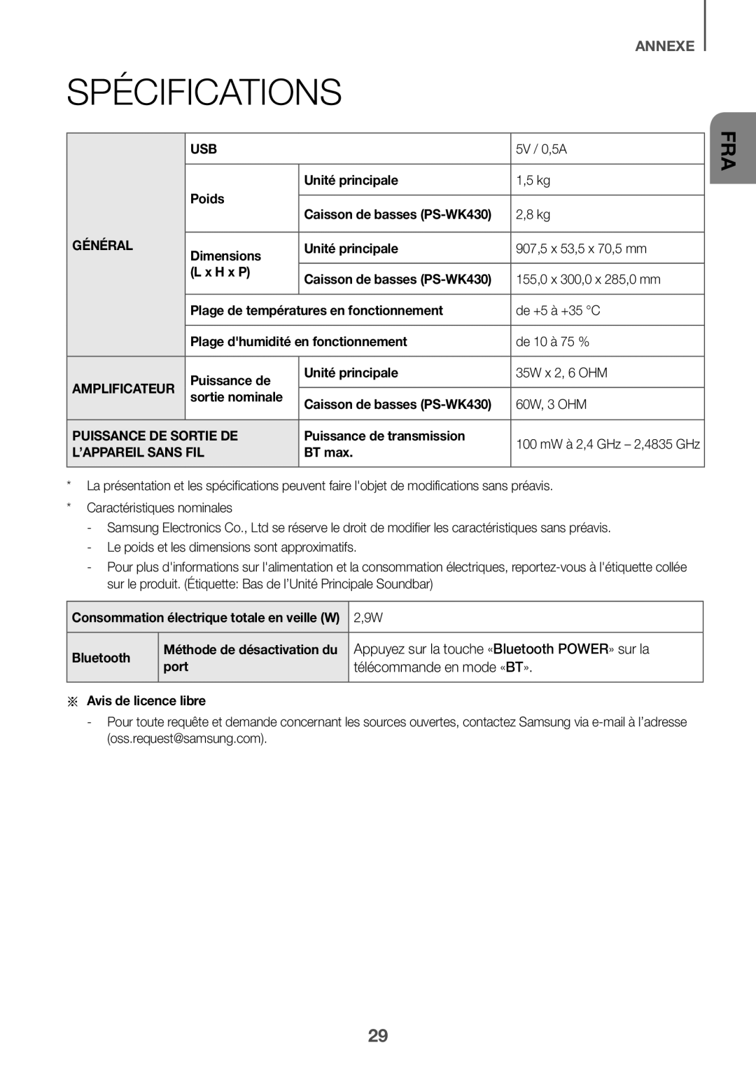 Samsung HW-K335/EN, HW-K335/ZG manual Spécifications, Général, Amplificateur, Puissance DE Sortie DE, ’APPAREIL Sans FIL 