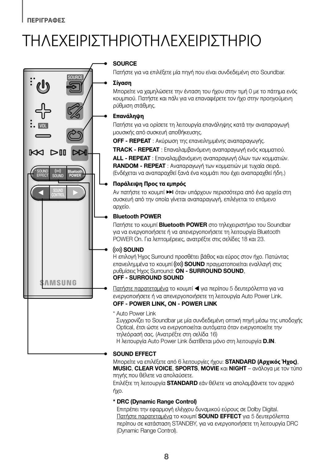 Samsung HW-K335/EN, HW-K335/ZG manual Τηλεχειριστήριοτηλεχειριστήριο, Σίγαση, Επανάληψη, Παράλειψη Προς τα εμπρός 