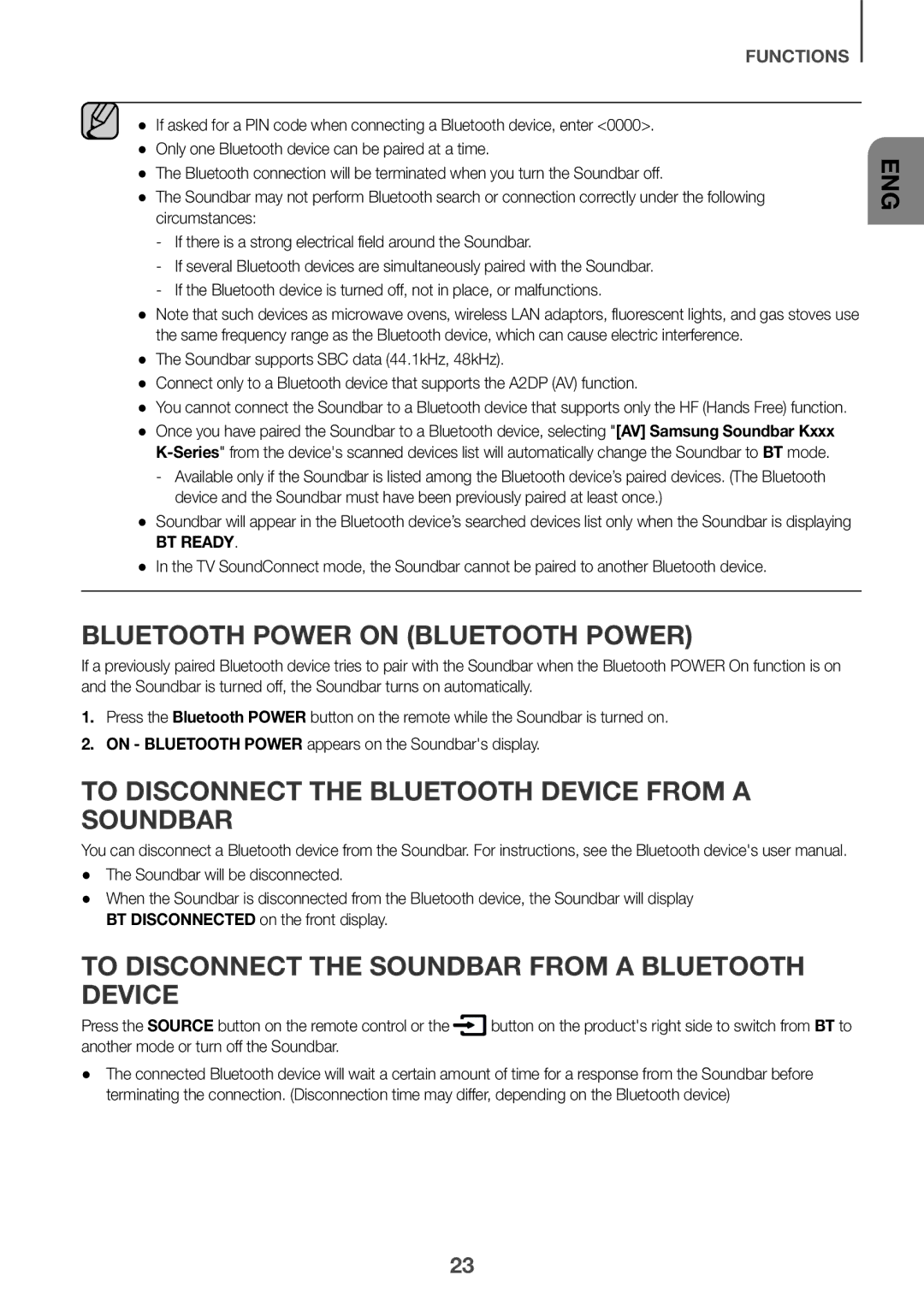 Samsung HW-K335/EN manual Bluetooth Power on Bluetooth Power, To Disconnect the Bluetooth Device from a Soundbar, BT Ready 