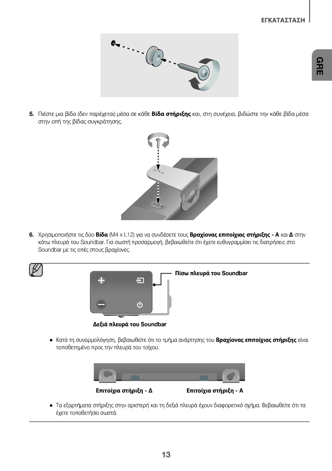 Samsung HW-K335/ZG, HW-K335/EN manual Πίσω πλευρά του Soundbar Δεξιά πλευρά του Soundbar, Επιτοίχια στήριξη Δ 