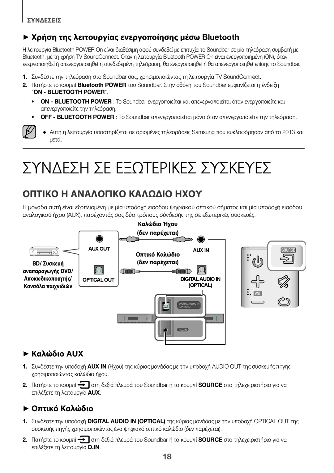 Samsung HW-K335/EN manual Σύνδεση ΣΕ Εξωτερικέσ Συσκευέσ, Οπτικό Ή Αναλογικό Καλώδιο Ήχου, ++Καλώδιο AUX, ++Οπτικό Καλώδιο 