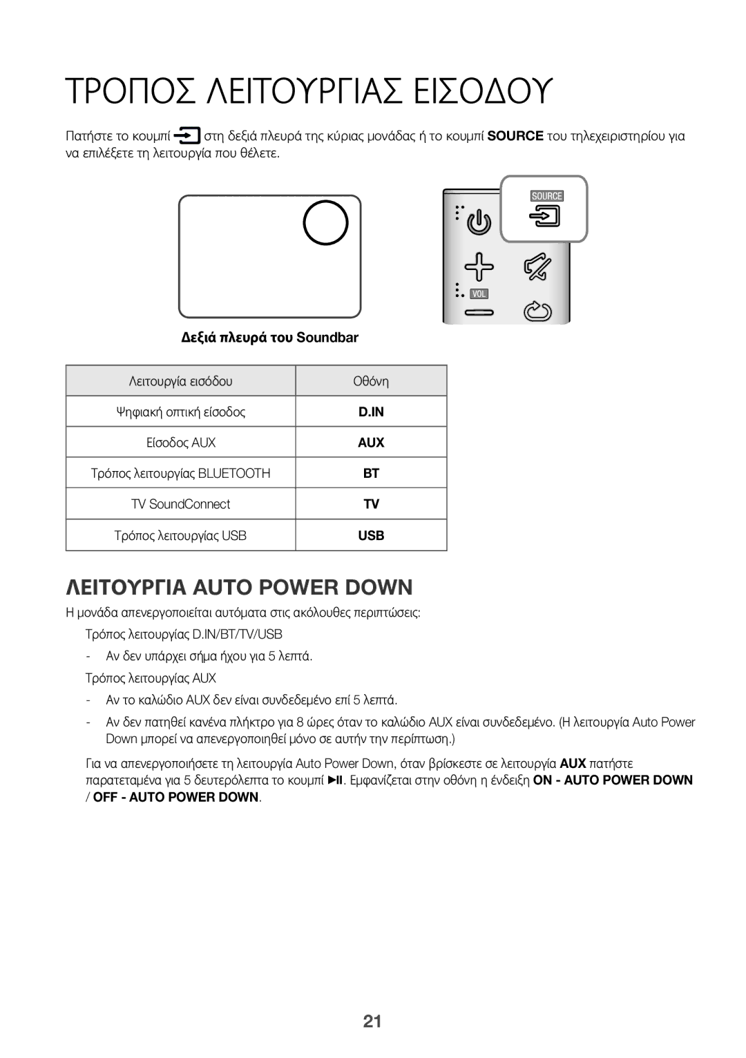 Samsung HW-K335/ZG, HW-K335/EN manual Τρόποσ Λειτουργίασ Εισόδου, Λειτουργία Auto Power Down, Λειτουργία εισόδου Οθόνη 