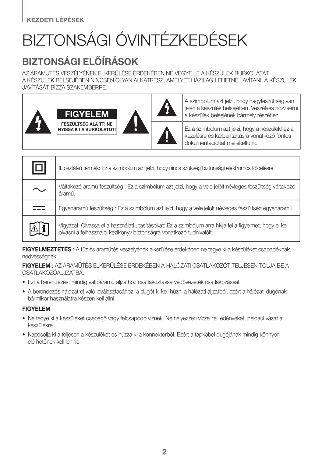 Samsung HW-K335/ZG, HW-K335/EN manual Biztonsági Óvintézkedések, Biztonsági Előírások, Figyelem 