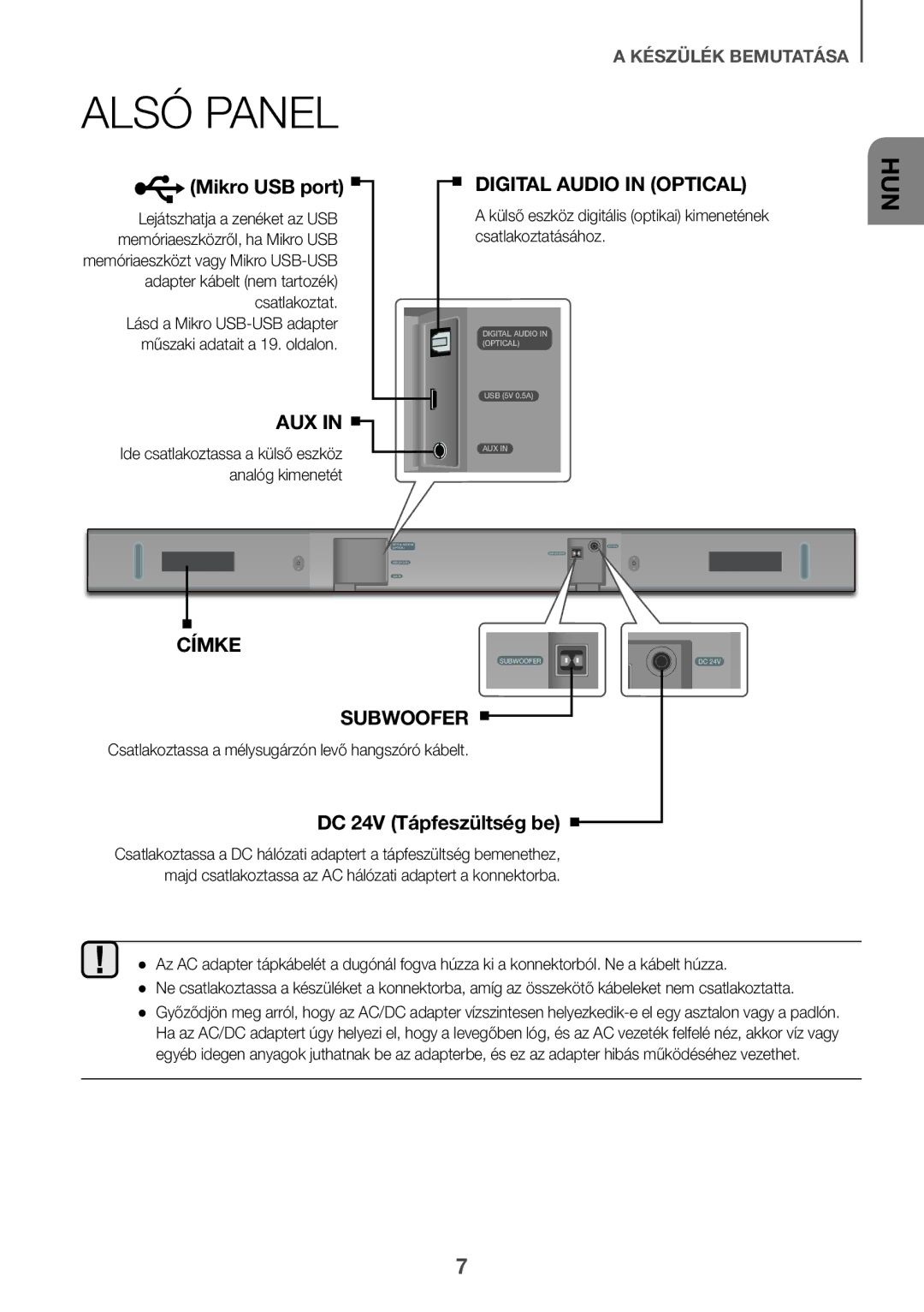 Samsung HW-K335/EN, HW-K335/ZG manual Alsó Panel, Mikro USB port, DC 24V Tápfeszültség be 