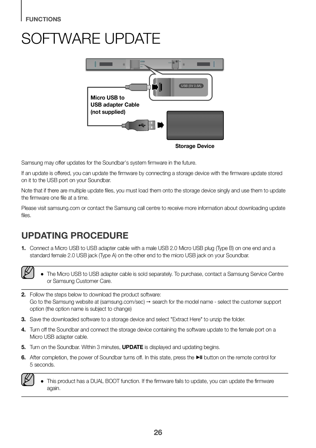 Samsung HW-K335/ZG manual Software Update, Updating Procedure, Micro USB to USB adapter Cable not supplied Storage Device 