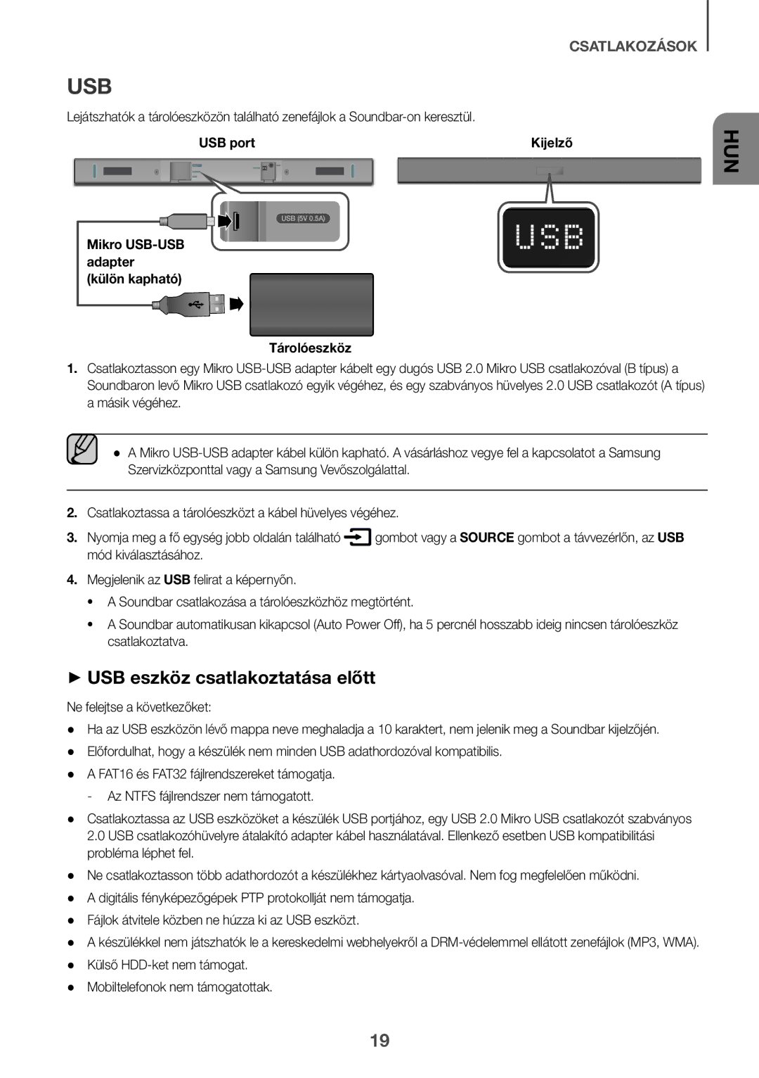 Samsung HW-K335/EN, HW-K335/ZG manual ++USB eszköz csatlakoztatása előtt, Mikro USB-USB adapter külön kapható Tárolóeszköz 