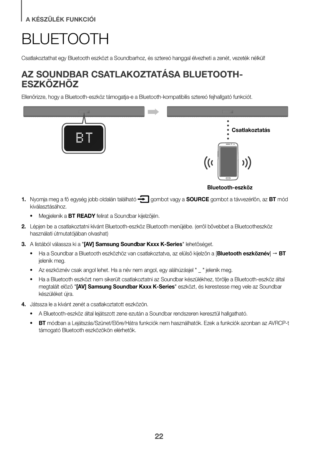 Samsung HW-K335/ZG, HW-K335/EN manual AZ Soundbar Csatlakoztatása BLUETOOTH- Eszközhöz, Csatlakoztatás Bluetooth-eszköz 