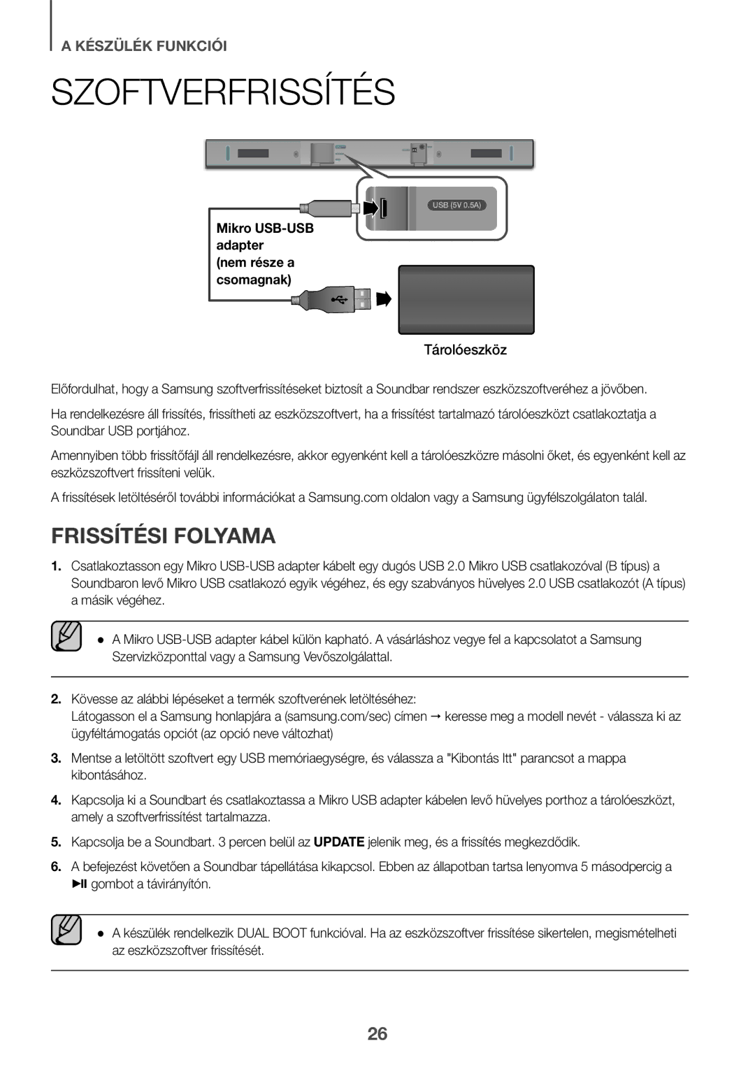 Samsung HW-K335/ZG, HW-K335/EN manual Szoftverfrissítés, Frissítési Folyama, Mikro USB-USB adapter Nem része a csomagnak 