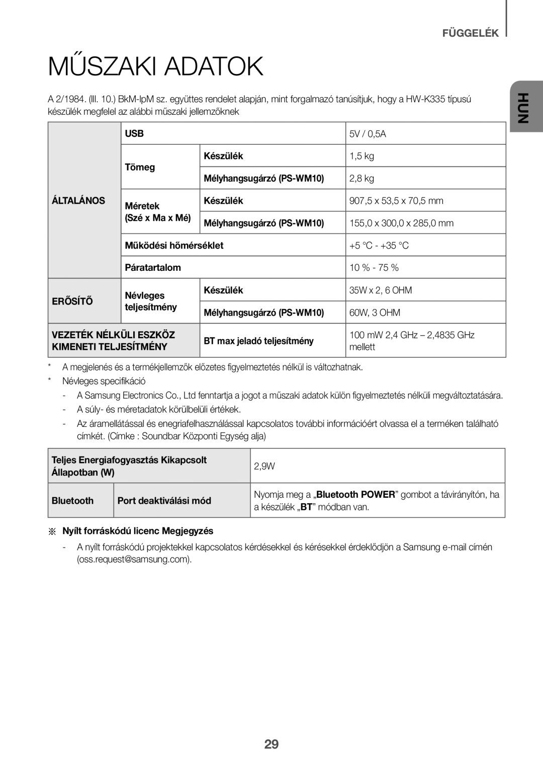 Samsung HW-K335/EN, HW-K335/ZG manual Műszaki Adatok, Általános, Erősítő, Vezeték Nélküli Eszköz, Kimeneti Teljesítmény 