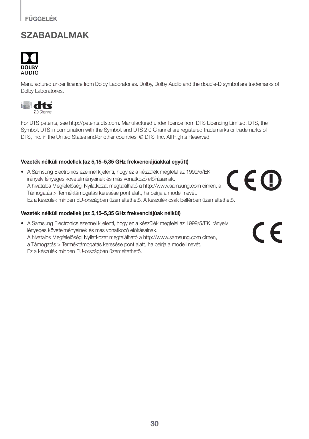 Samsung HW-K335/ZG, HW-K335/EN manual Szabadalmak 