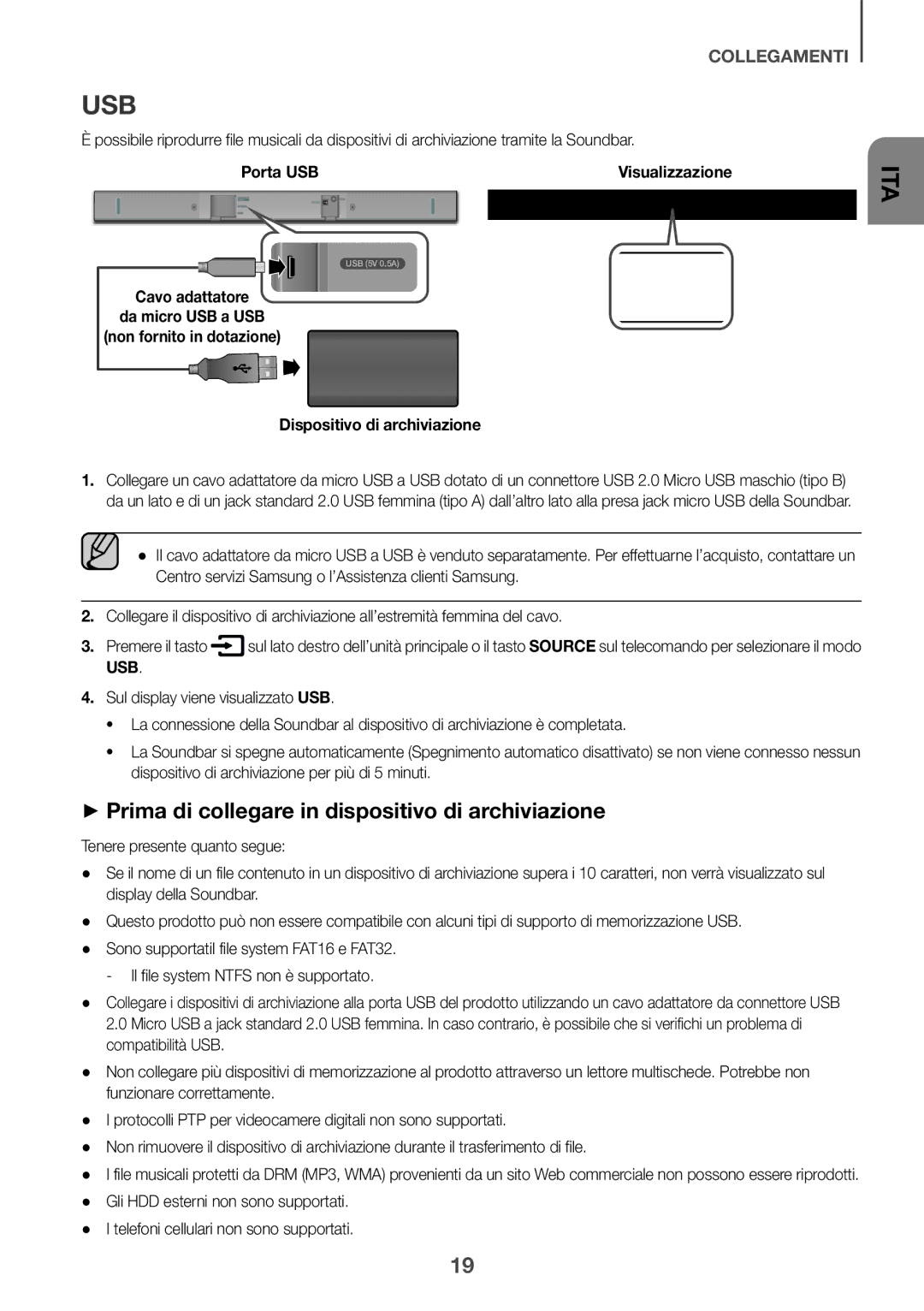 Samsung HW-K335/ZG manual ++Prima di collegare in dispositivo di archiviazione, Porta USB, Dispositivo di archiviazione 