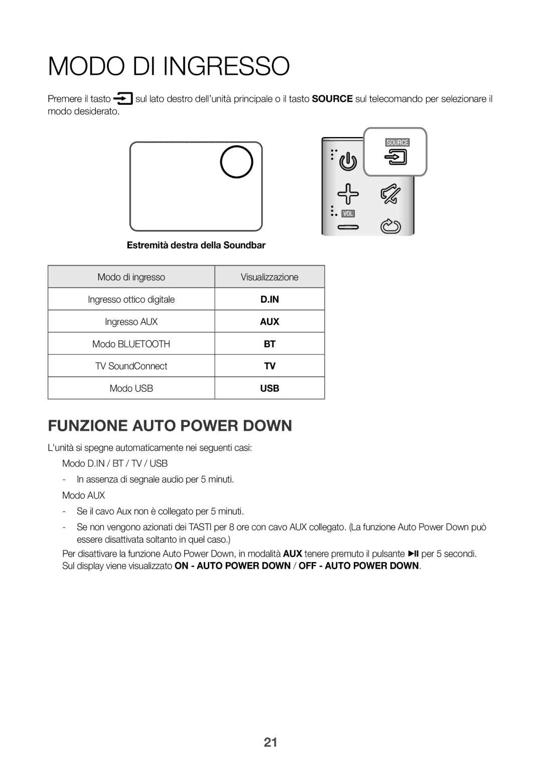 Samsung HW-K335/ZG manual Modo DI Ingresso, Funzione Auto Power Down, Modo desiderato, Modo di ingresso Visualizzazione 