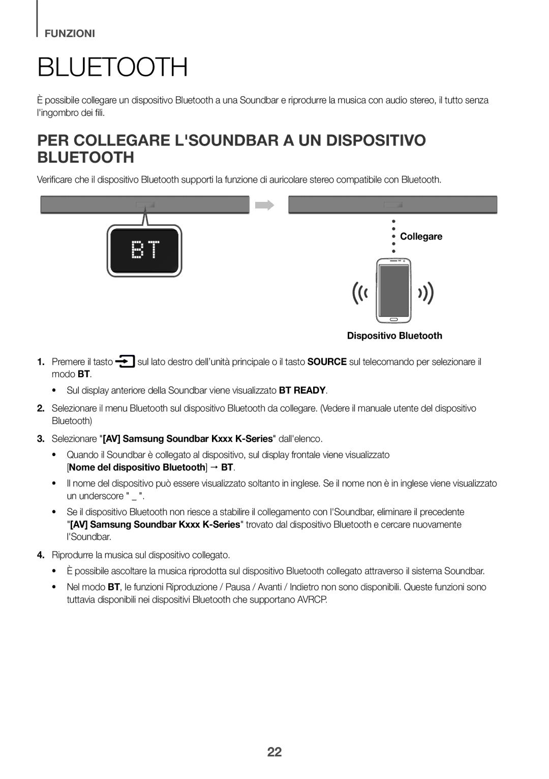 Samsung HW-K335/EN PER Collegare Lsoundbar a UN Dispositivo Bluetooth, Collegare Dispositivo Bluetooth Premere il tasto 