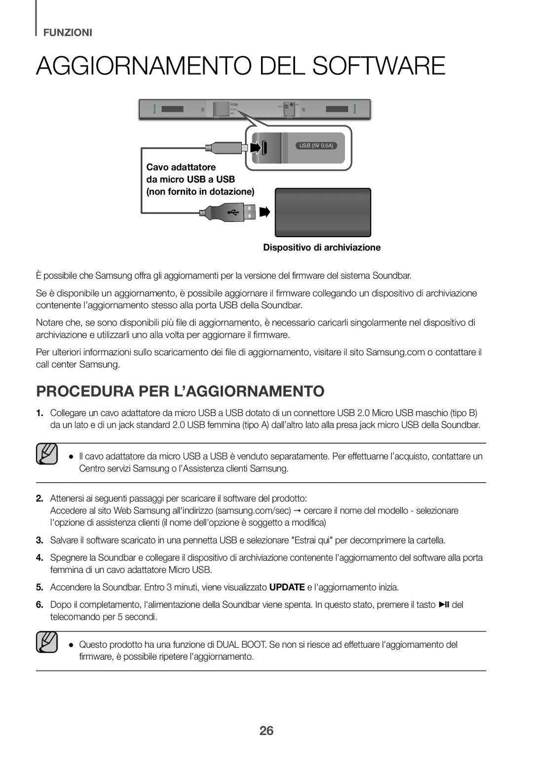 Samsung HW-K335/EN manual Aggiornamento DEL Software, Procedura PER L’AGGIORNAMENTO, Cavo adattatore, Da micro USB a USB 