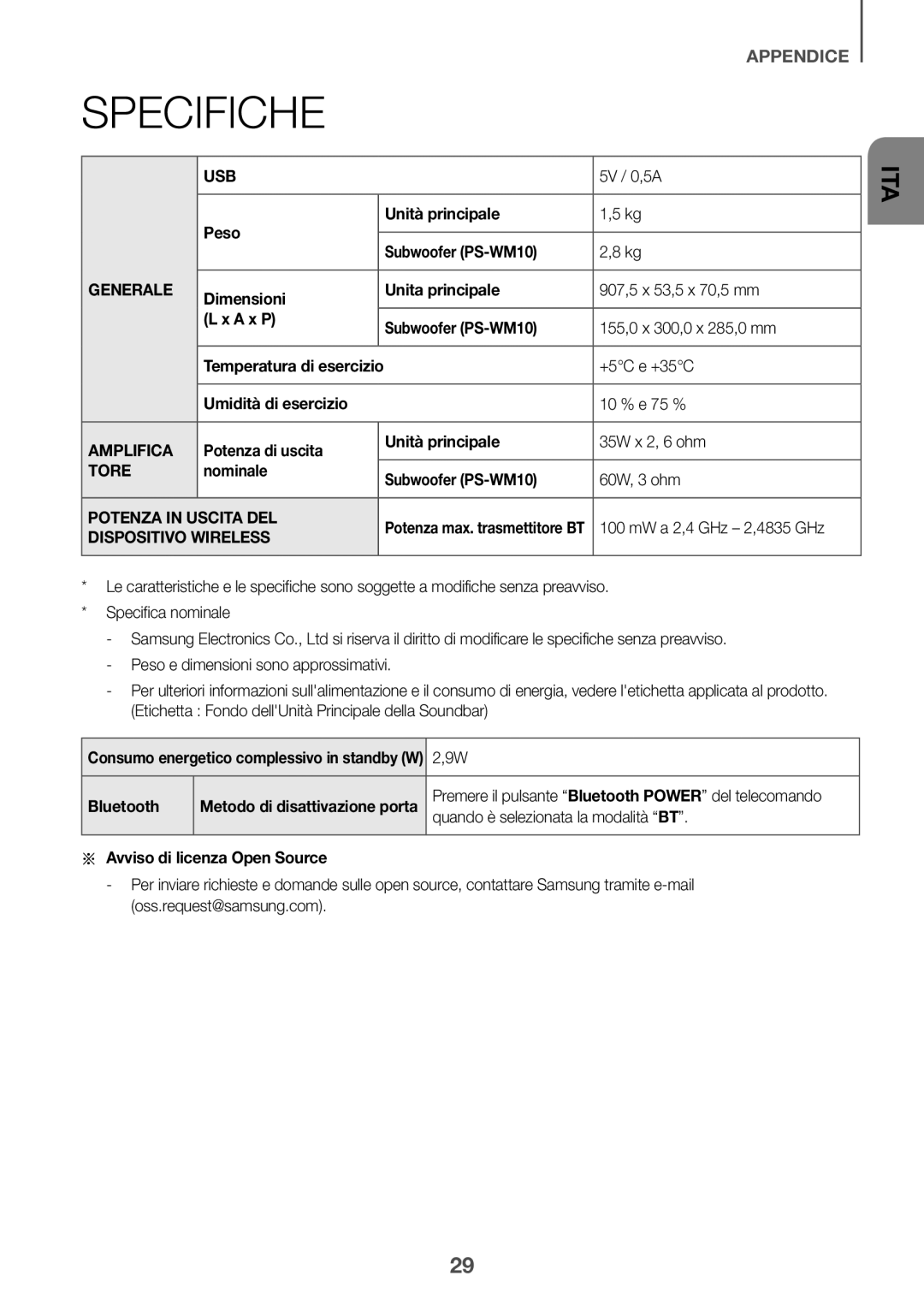 Samsung HW-K335/ZG, HW-K335/EN manual Specifiche 