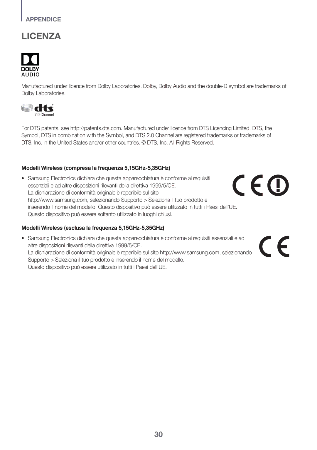 Samsung HW-K335/EN, HW-K335/ZG manual Licenza, Modelli Wireless compresa la frequenza 5,15GHz-5,35GHz 