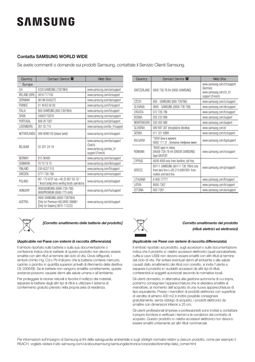 Samsung HW-K335/ZG, HW-K335/EN Contatta Samsung World Wide, Applicabile nei Paesi con sistemi di raccolta differenziata 