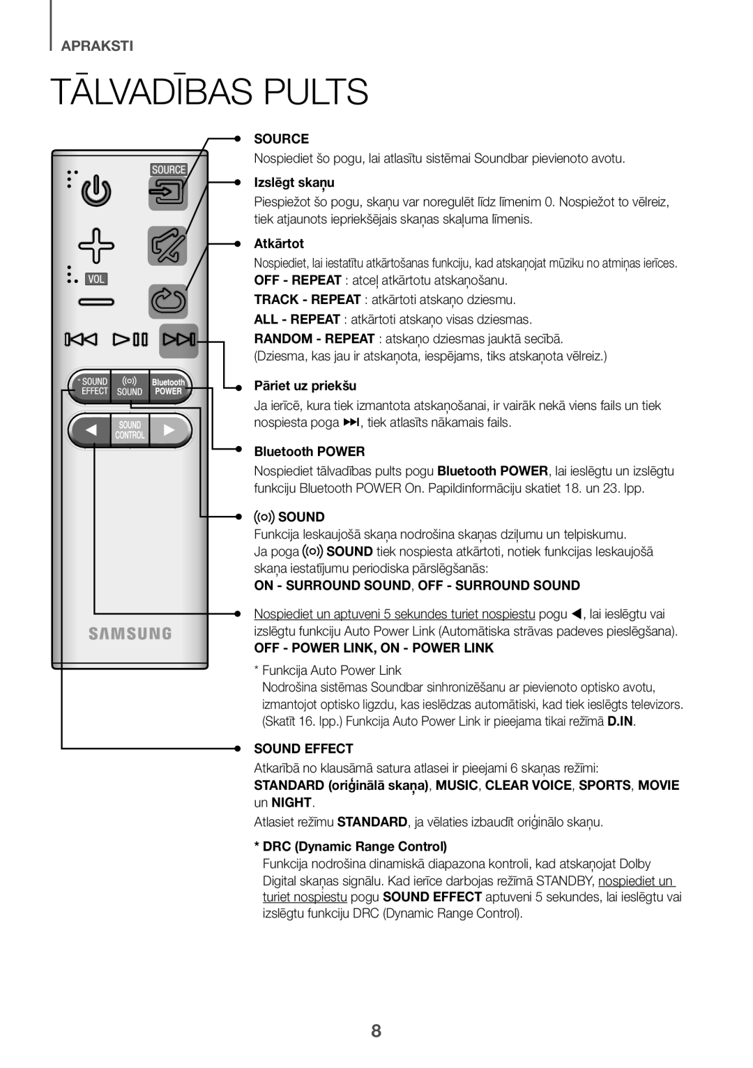 Samsung HW-K335/ZG, HW-K335/EN manual Tālvadības Pults, Izslēgt skaņu, Atkārtot, Pāriet uz priekšu, Funkcija Auto Power Link 