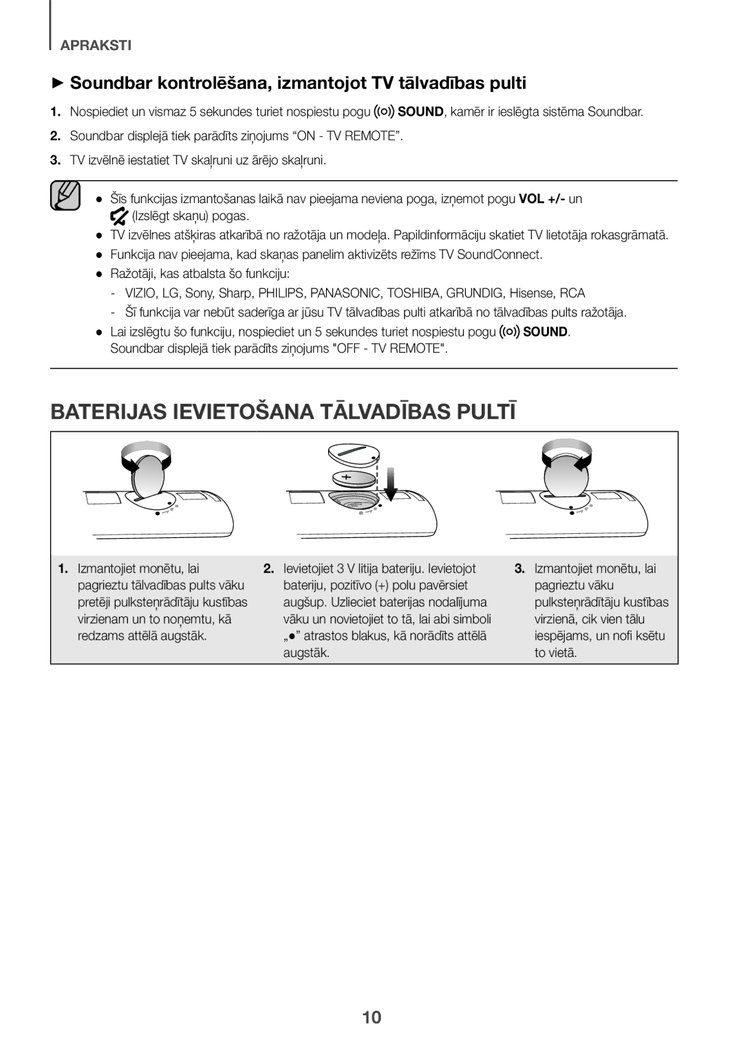 Samsung HW-K335/ZG manual Baterijas Ievietošana Tālvadības Pultī, ++Soundbar kontrolēšana, izmantojot TV tālvadības pulti 