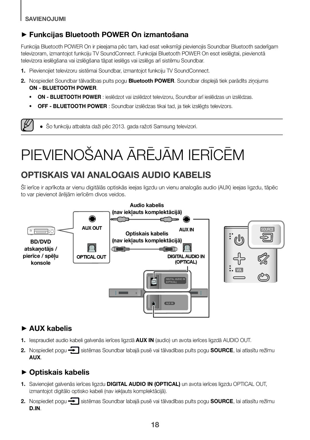 Samsung HW-K335/ZG Pievienošana Ārējām Ierīcēm, Optiskais VAI Analogais Audio Kabelis, ++AUX kabelis, ++Optiskais kabelis 