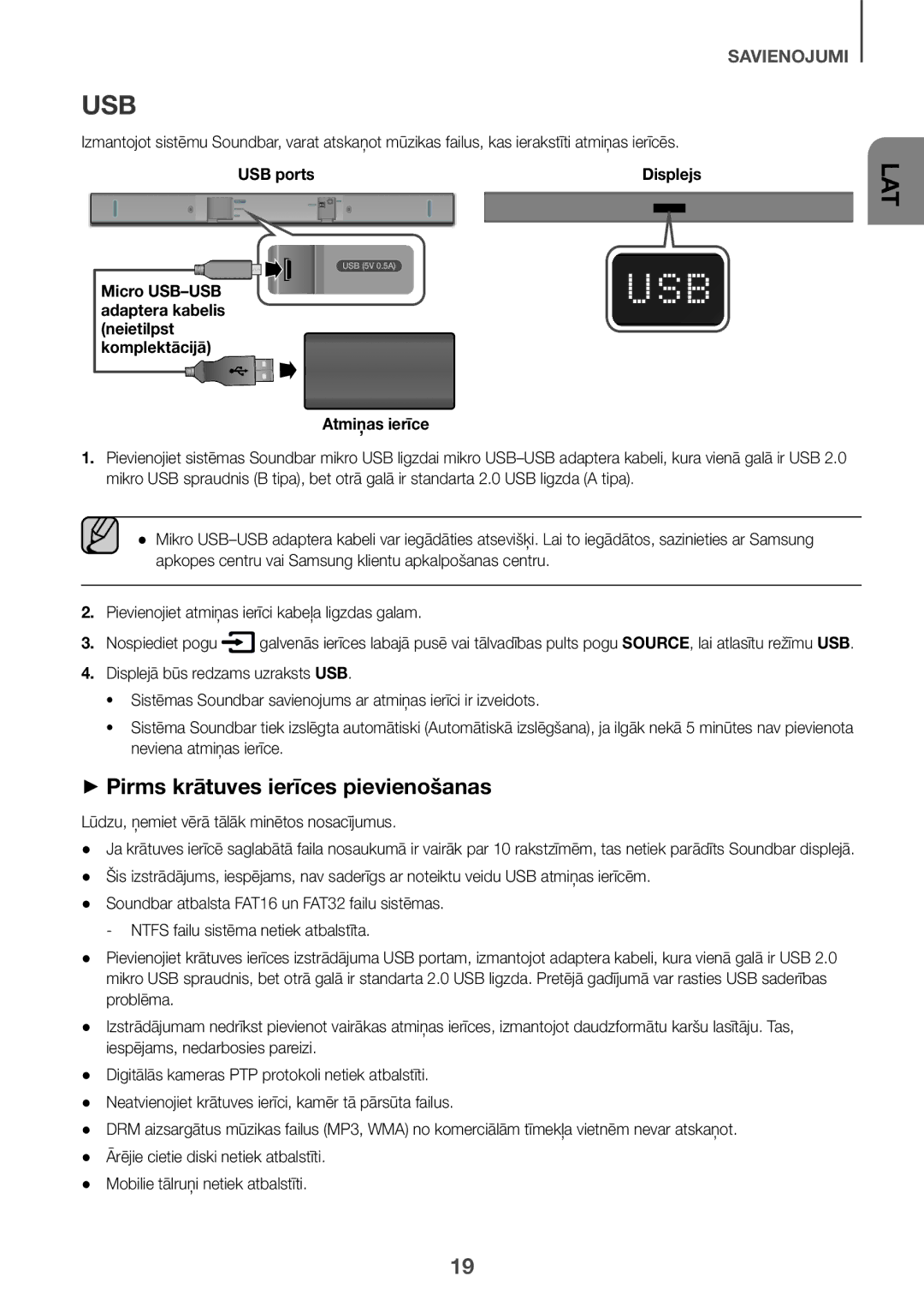 Samsung HW-K335/EN, HW-K335/ZG manual ++Pirms krātuves ierīces pievienošanas, USB ports, Atmiņas ierīce 