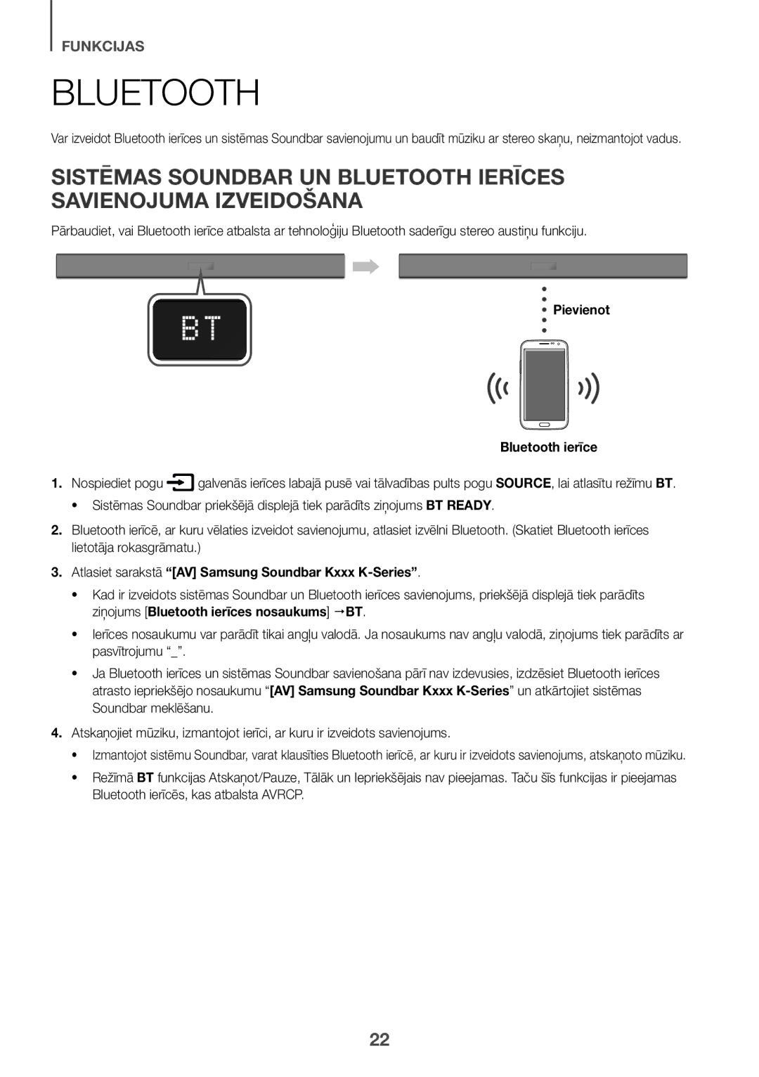 Samsung HW-K335/ZG, HW-K335/EN manual Pievienot Bluetooth ierīce, Atlasiet sarakstā AV Samsung Soundbar Kxxx K-Series 