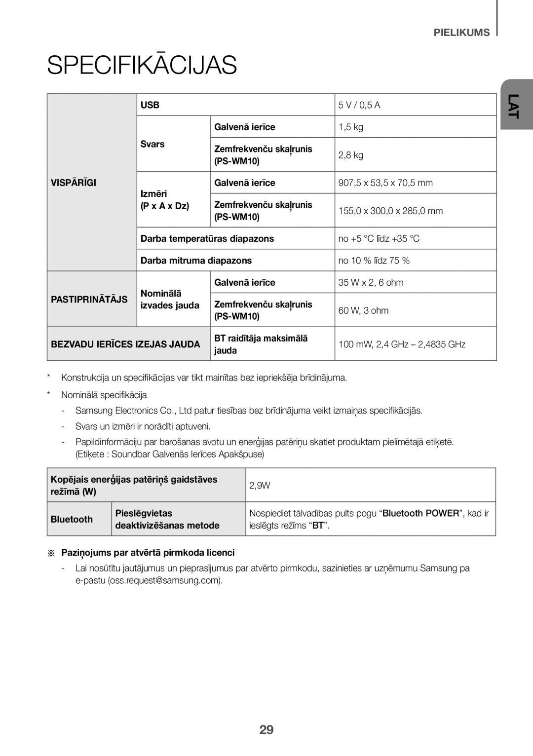 Samsung HW-K335/EN, HW-K335/ZG manual Specifikācijas, Vispārīgi, Pastiprinātājs 