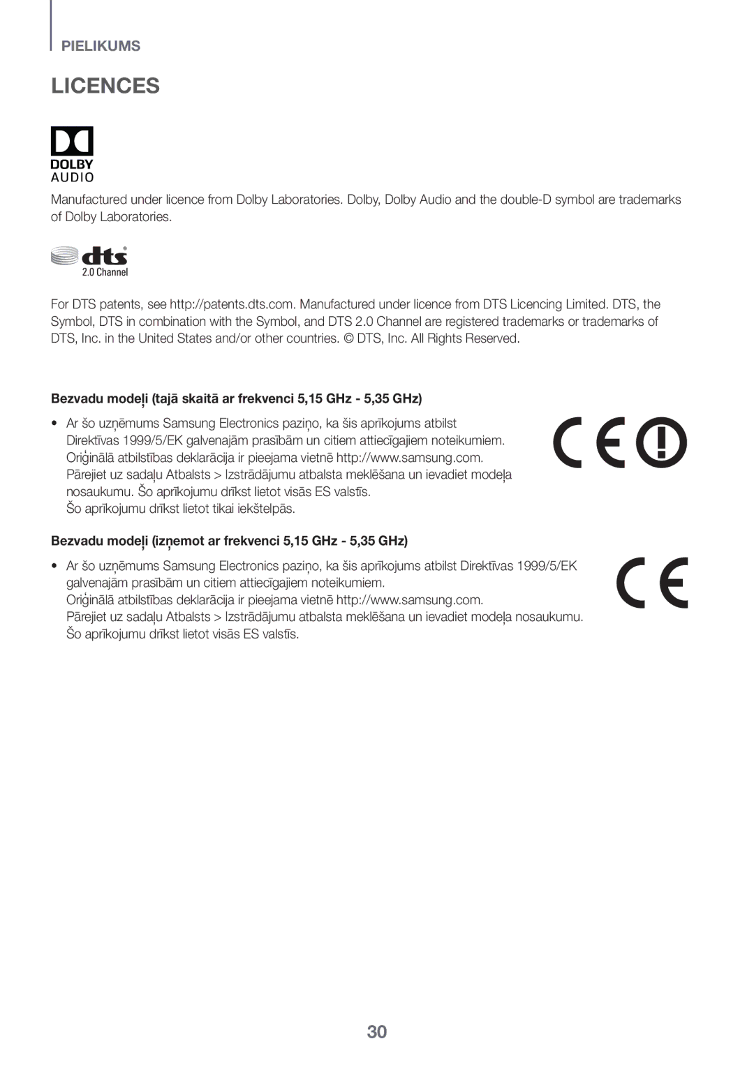 Samsung HW-K335/ZG Bezvadu modeļi tajā skaitā ar frekvenci 5,15 GHz 5,35 GHz, Šo aprīkojumu drīkst lietot tikai iekštelpās 