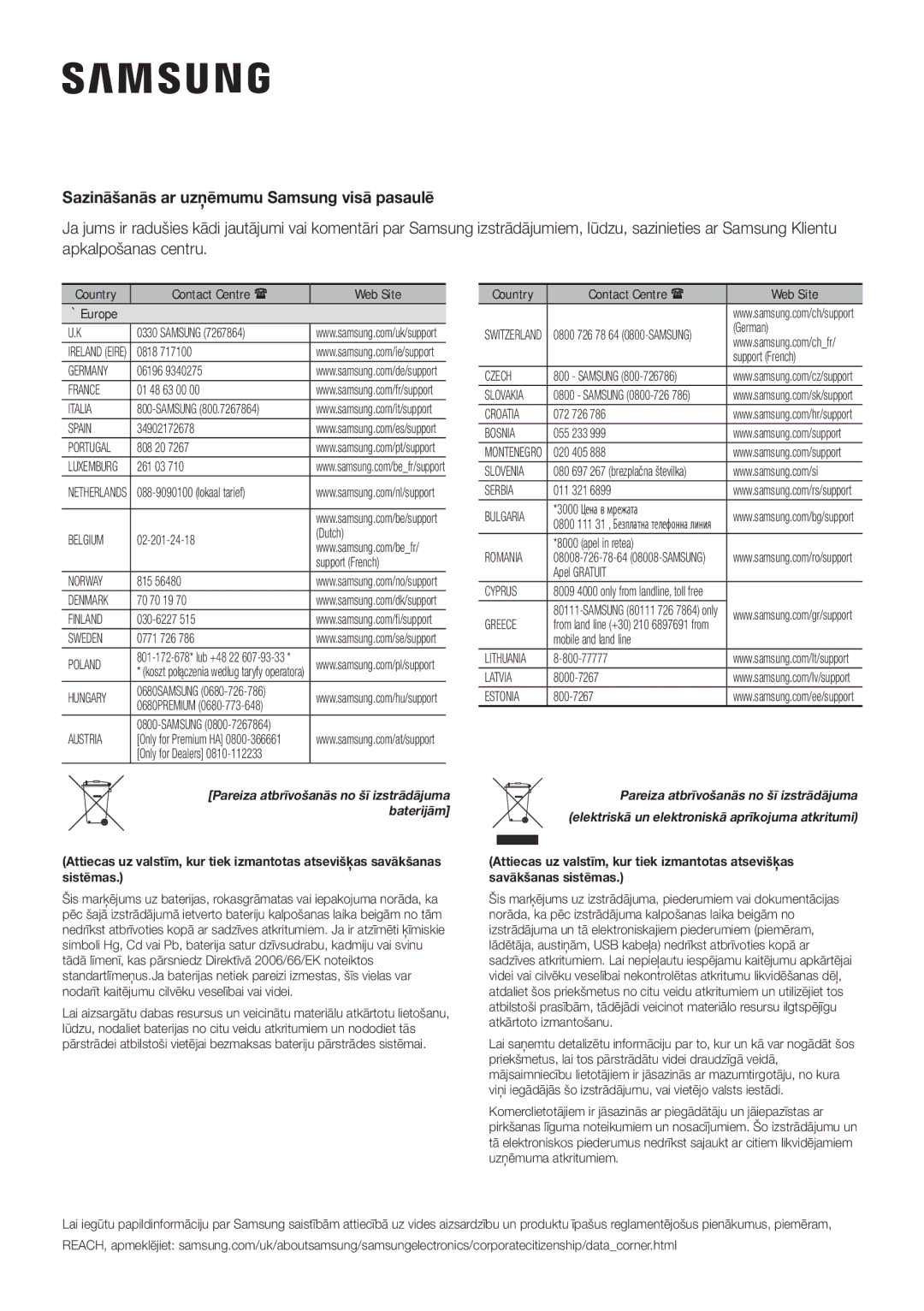 Samsung HW-K335/EN, HW-K335/ZG manual Sazināšanās ar uzņēmumu Samsung visā pasaulē, Baterijām 