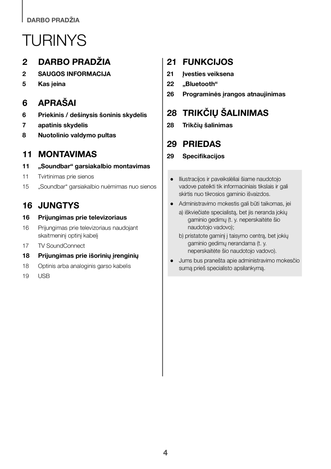 Samsung HW-K335/EN, HW-K335/ZG manual Turinys, Optinis arba analoginis garso kabelis 19 USB 