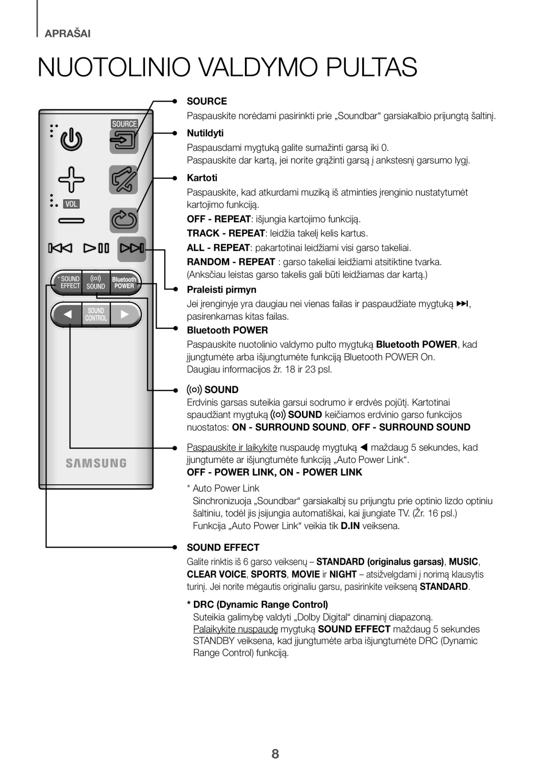 Samsung HW-K335/EN Nuotolinio Valdymo Pultas, Nutildyti, Kartoti, Praleisti pirmyn, Daugiau informacijos žr ir 23 psl 