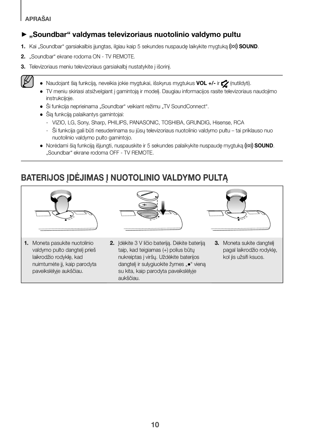 Samsung HW-K335/EN, HW-K335/ZG manual Baterijos Įdėjimas Į Nuotolinio Valdymo Pultą 