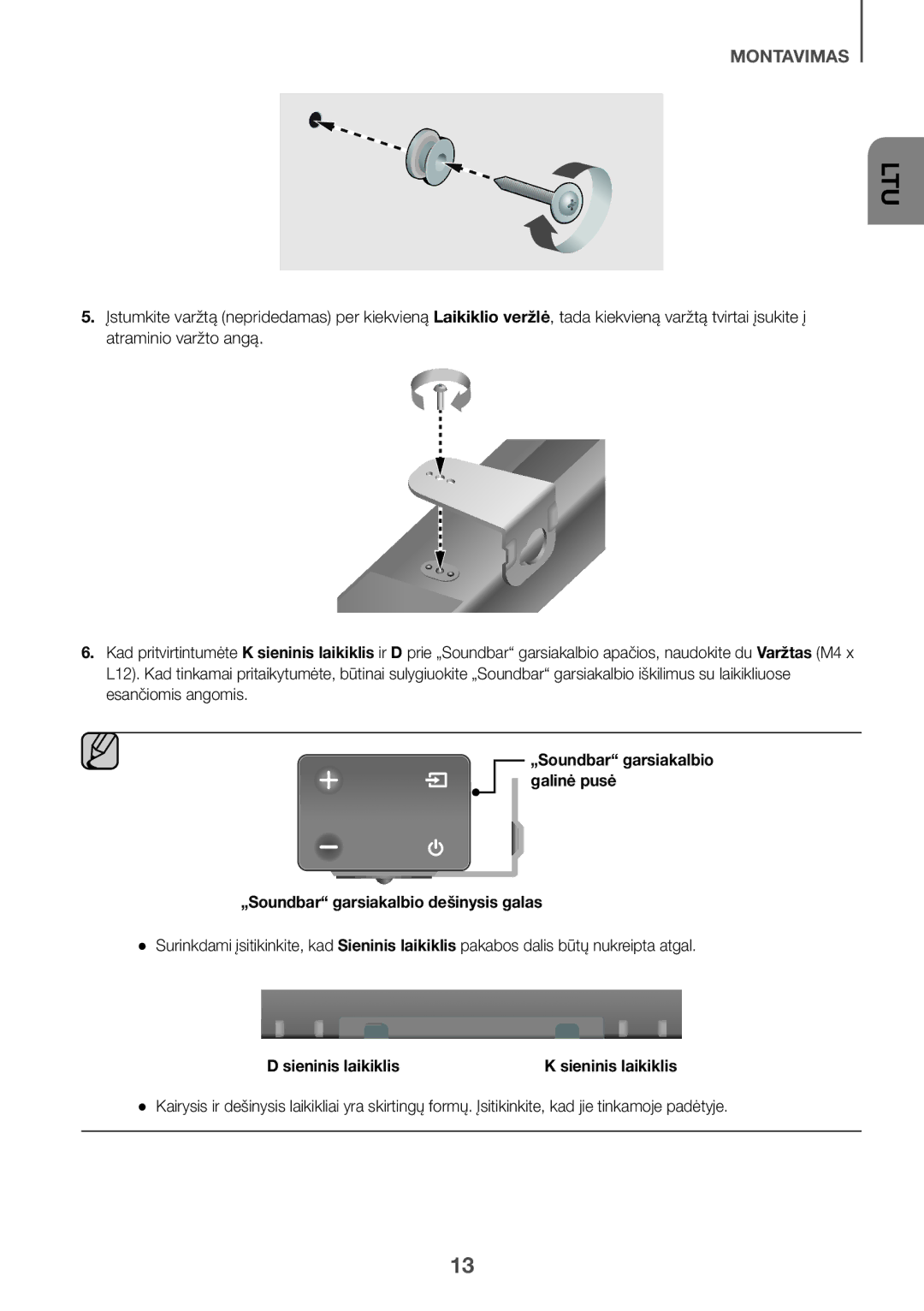 Samsung HW-K335/ZG, HW-K335/EN manual „Soundbar garsiakalbio dešinysis galas, Sieninis laikiklis 