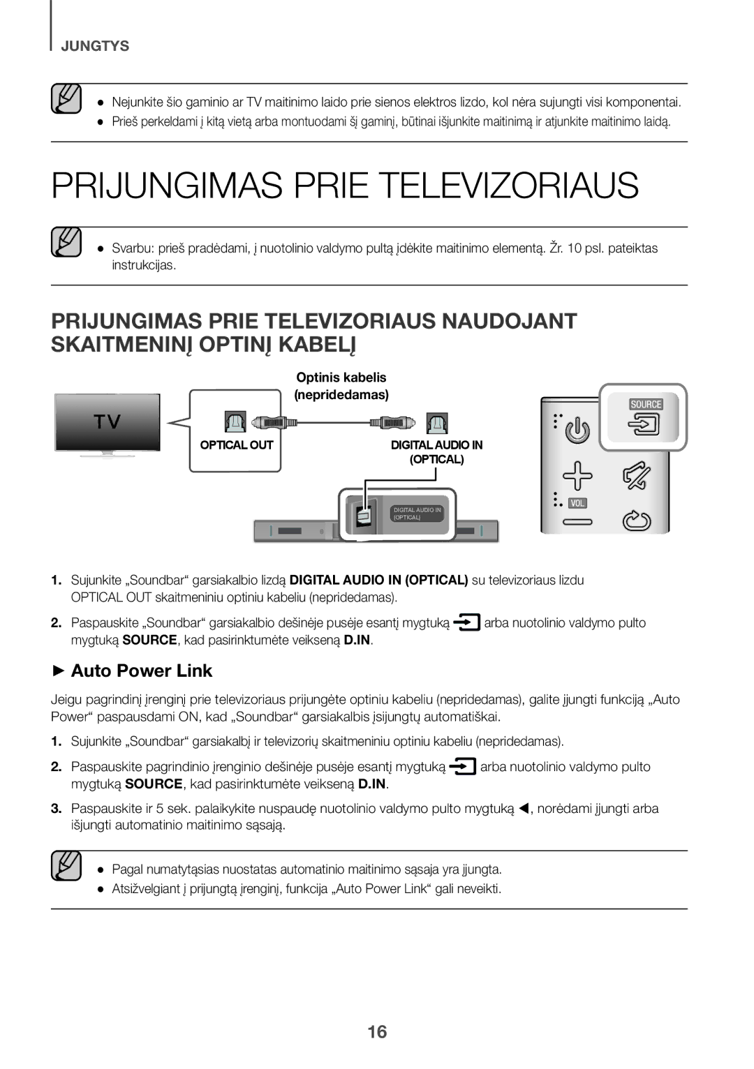 Samsung HW-K335/EN, HW-K335/ZG manual Prijungimas Prie Televizoriaus, Mygtuką SOURCE, kad pasirinktumėte veikseną D.IN 