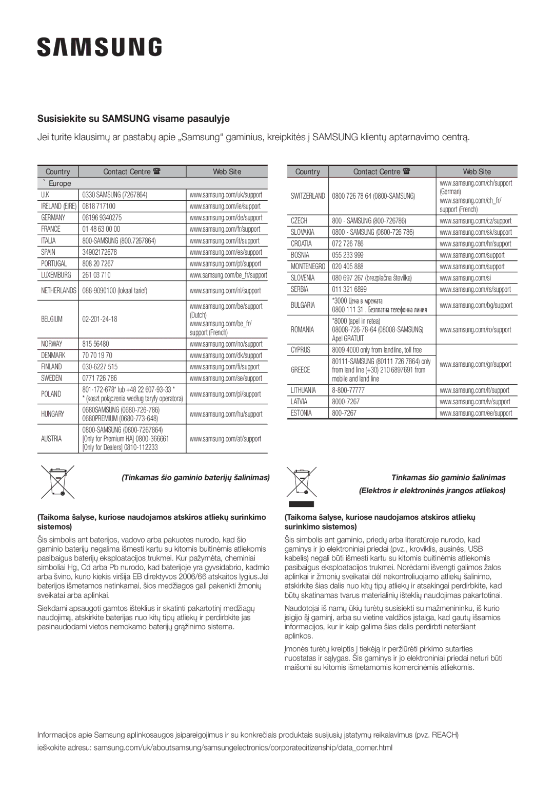 Samsung HW-K335/ZG, HW-K335/EN manual Susisiekite su Samsung visame pasaulyje, Elektros ir elektroninės įrangos atliekos 