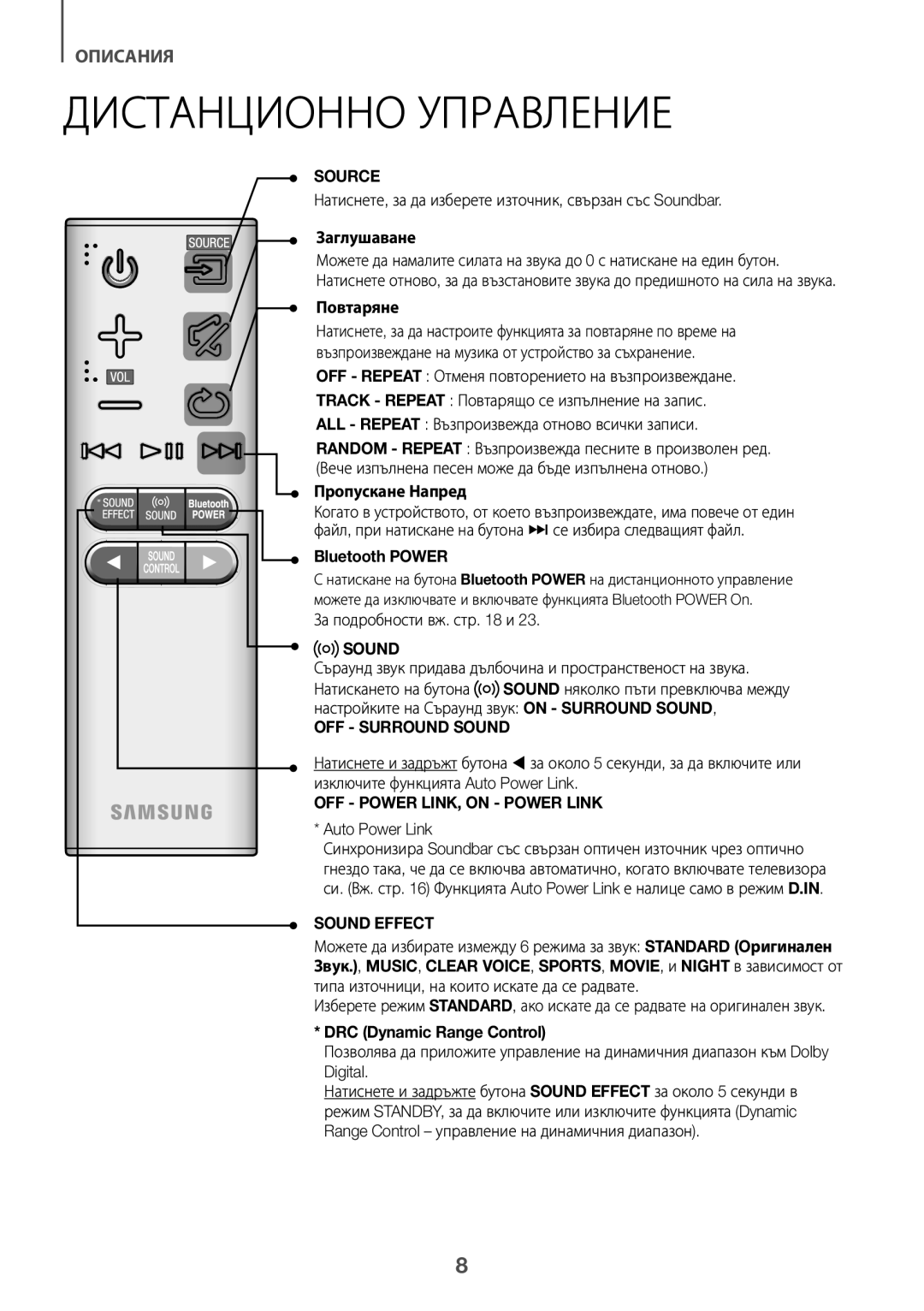 Samsung HW-K335/EN, HW-K335/ZG manual Дистанционно Управление, Заглушаване, Повтаряне, Пропускане Напред, OFF Surround Sound 