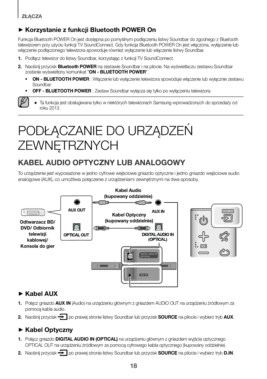 Samsung HW-K335/ZG manual Kabel Audio Optyczny LUB Analogowy, ++Korzystanie z funkcji Bluetooth Power On, ++Kabel Optyczny 