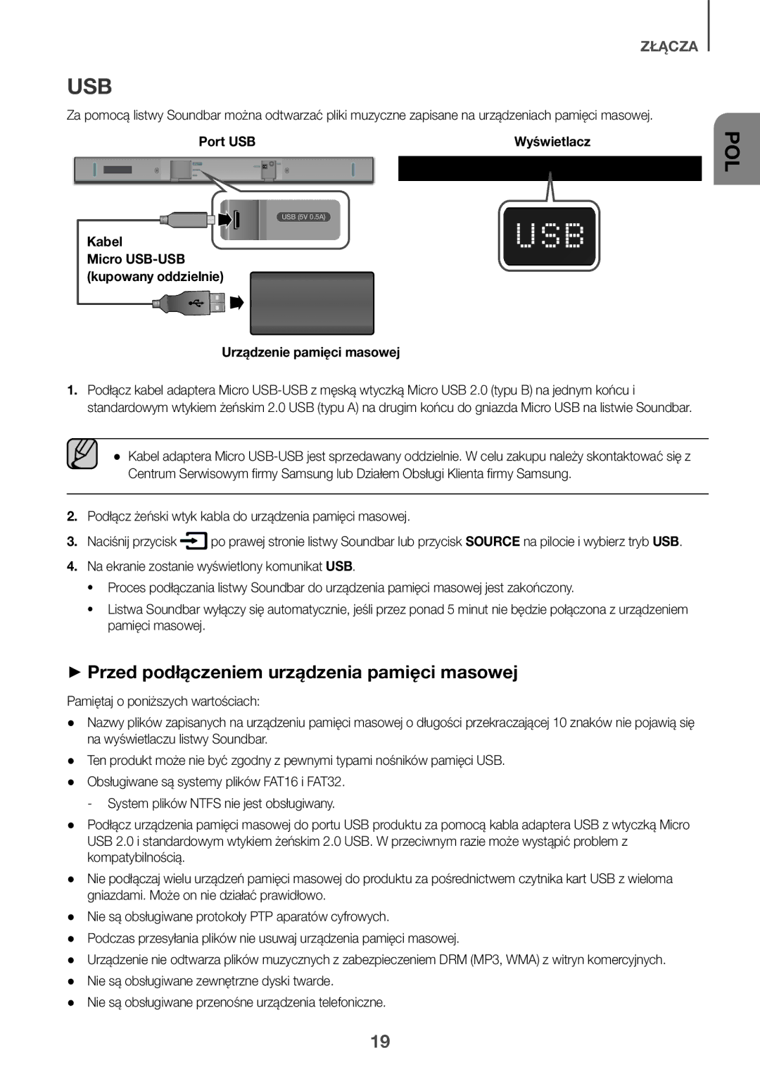 Samsung HW-K335/EN, HW-K335/ZG manual ++Przed podłączeniem urządzenia pamięci masowej 