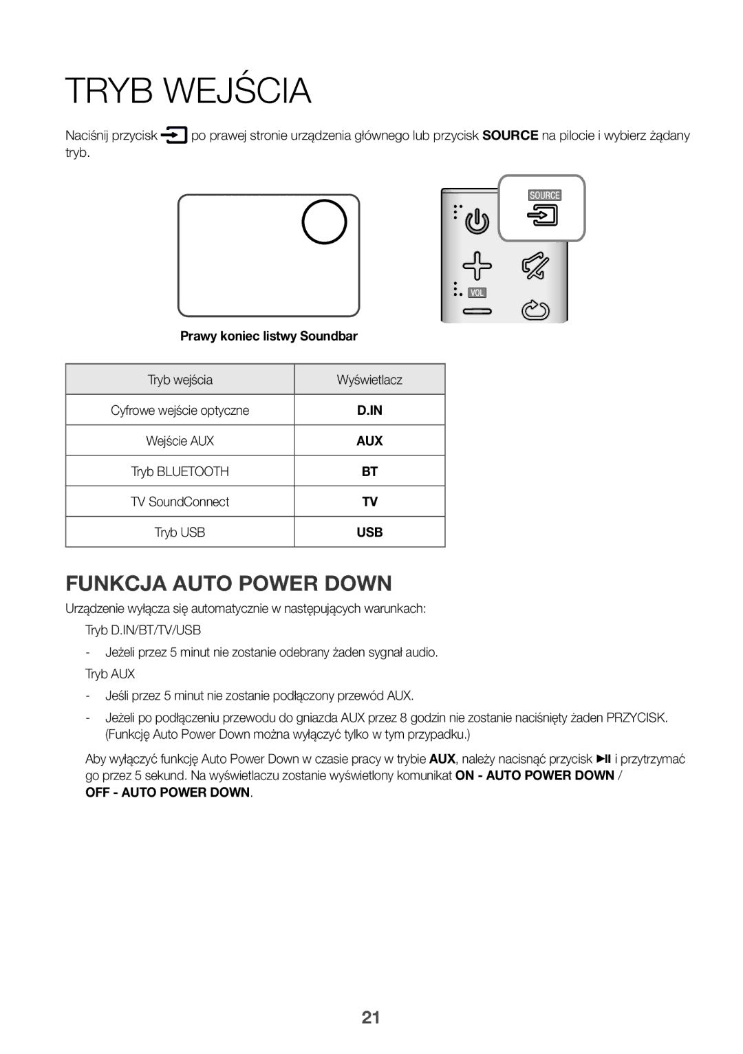 Samsung HW-K335/EN, HW-K335/ZG manual Tryb Wejścia, Funkcja Auto Power Down, Tryb wejścia Wyświetlacz, OFF Auto Power Down 