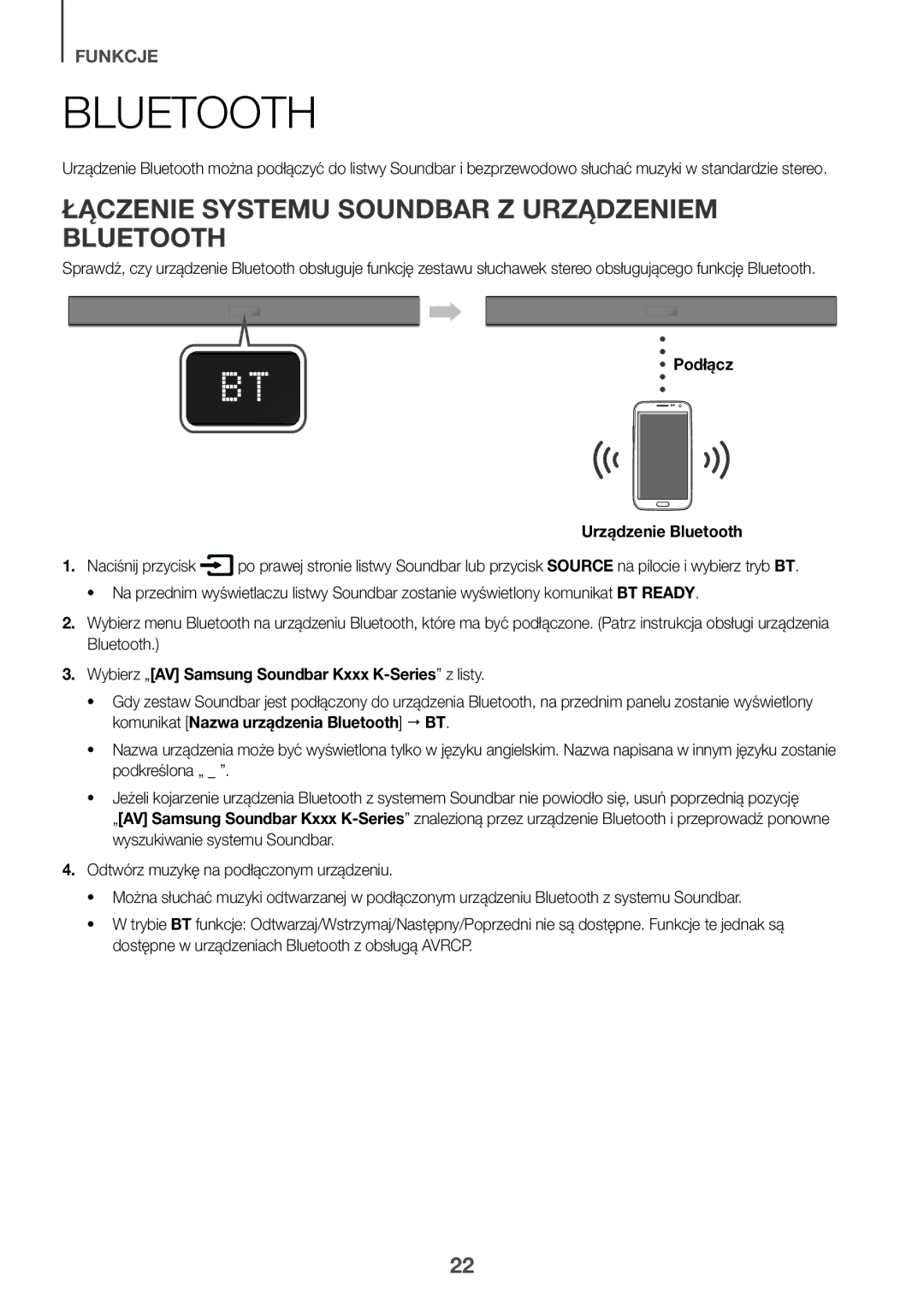 Samsung HW-K335/ZG, HW-K335/EN manual Łączenie Systemu Soundbar Z Urządzeniem Bluetooth, Podłącz Urządzenie Bluetooth 