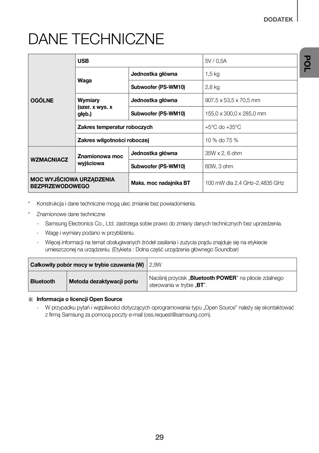 Samsung HW-K335/EN, HW-K335/ZG manual Dane Techniczne, Ogólne, Wzmacniacz, MOC Wyjściowa Urządzenia, Bezprzewodowego 