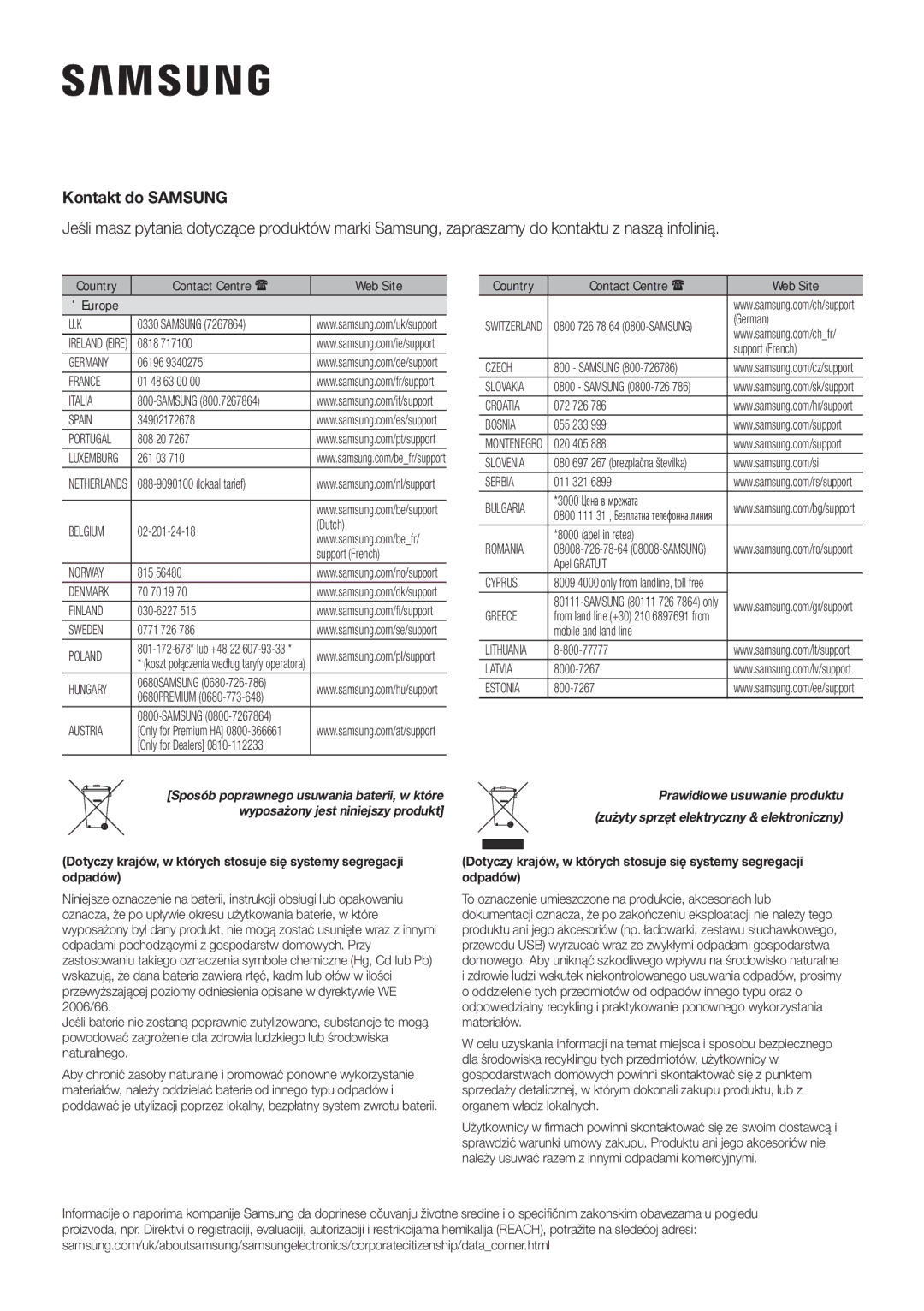 Samsung HW-K335/EN, HW-K335/ZG manual Kontakt do Samsung, Zużyty sprzęt elektryczny & elektroniczny 