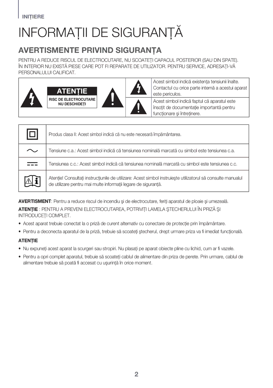 Samsung HW-K335/EN, HW-K335/ZG manual Informaţii DE Siguranţă, Avertismente Privind Siguranţa, Atenţie 