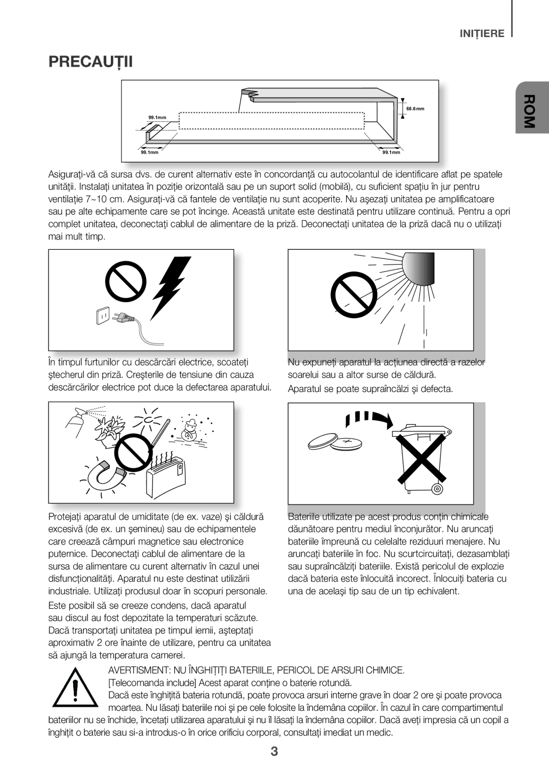 Samsung HW-K335/ZG, HW-K335/EN manual Precauţii, Rom 