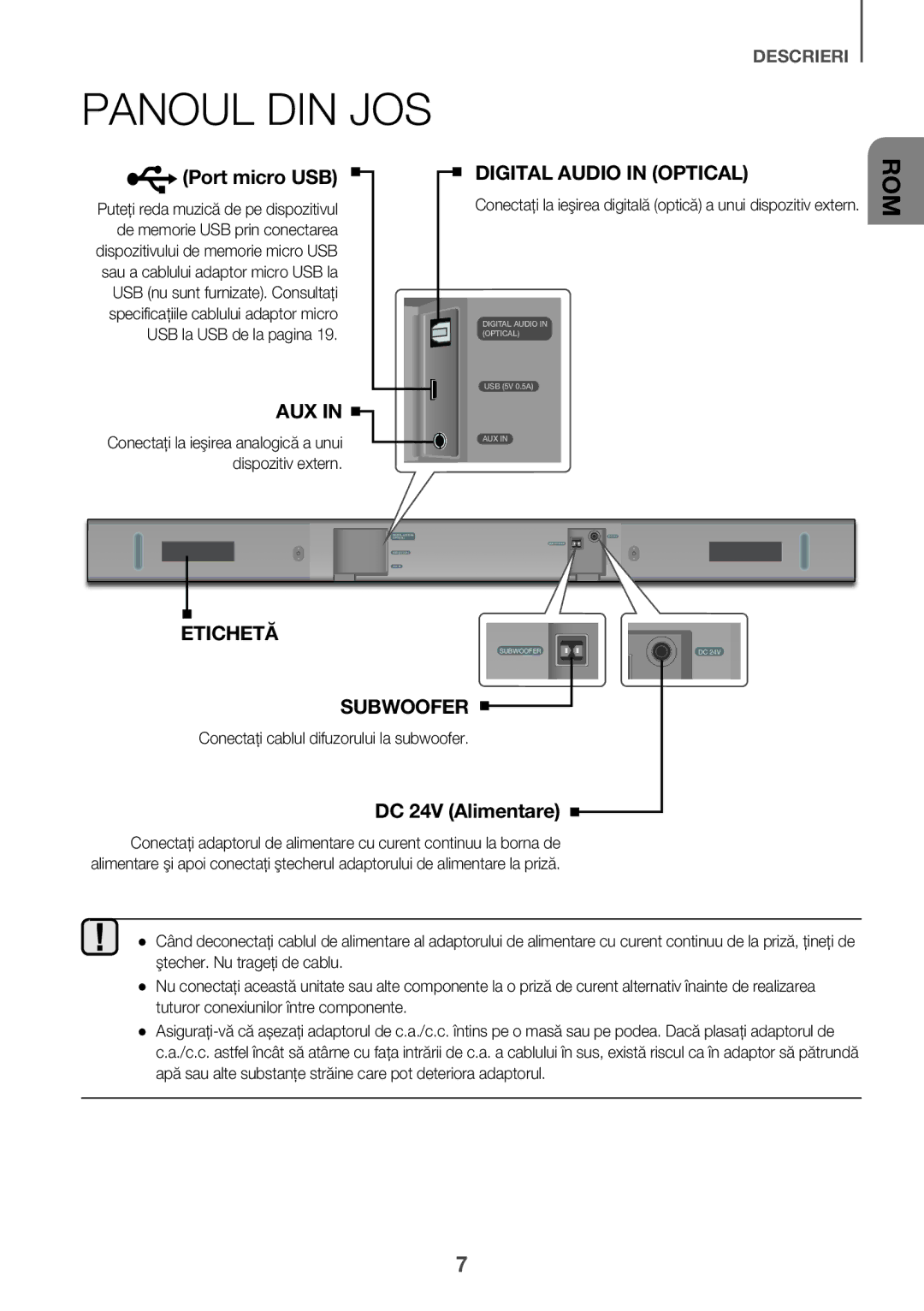 Samsung HW-K335/ZG, HW-K335/EN manual Panoul DIN JOS, DC 24V Alimentare, Conectați cablul difuzorului la subwoofer 