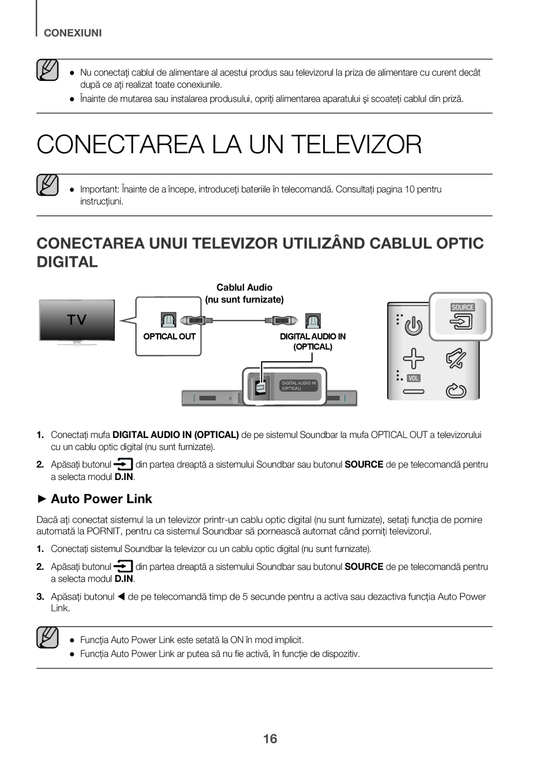 Samsung HW-K335/EN, HW-K335/ZG manual Conectarea LA UN Televizor, Conectarea Unui Televizor Utilizând Cablul Optic Digital 