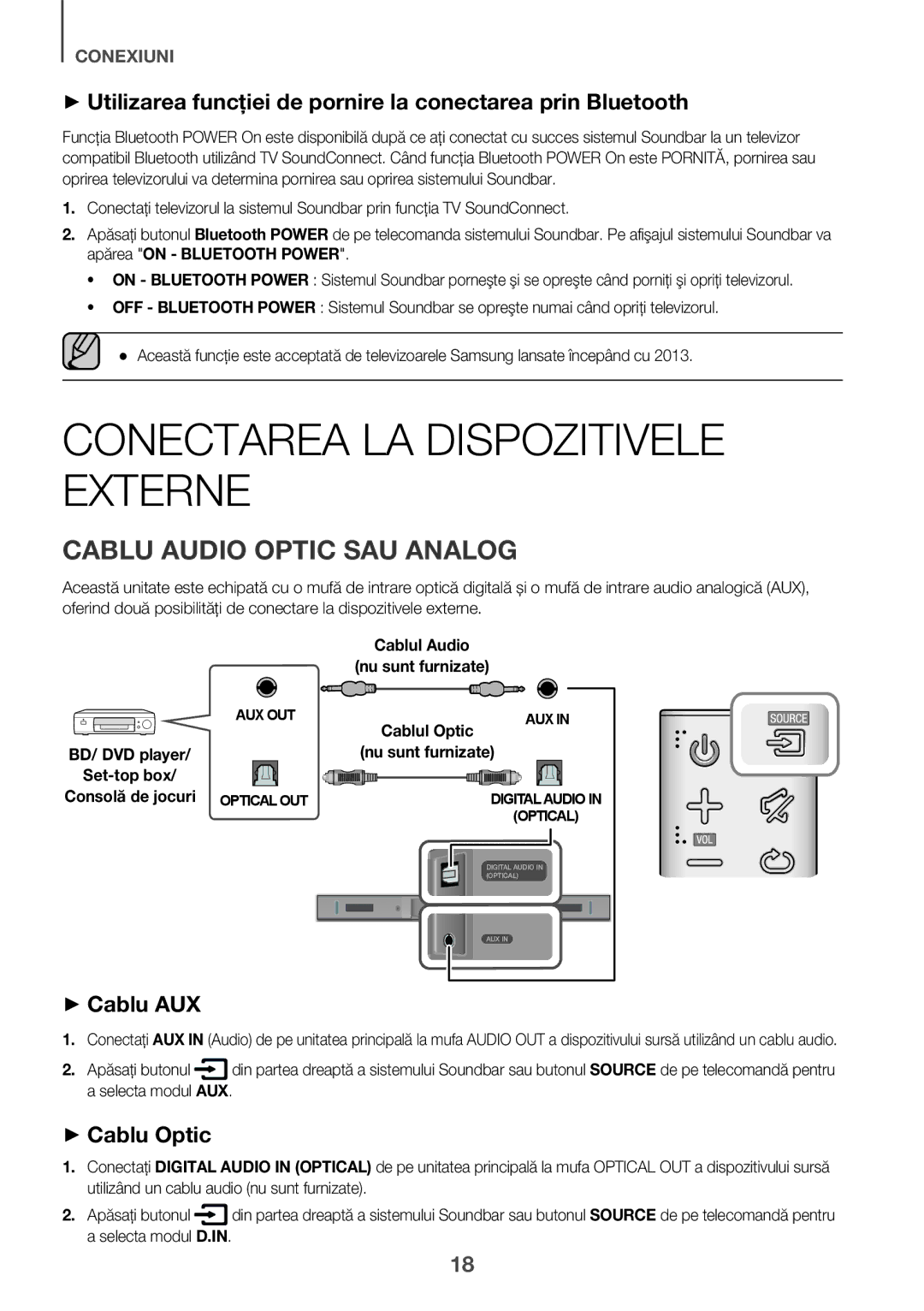 Samsung HW-K335/EN manual Conectarea LA Dispozitivele Externe, Cablu Audio Optic SAU Analog, ++Cablu AUX, ++Cablu Optic 