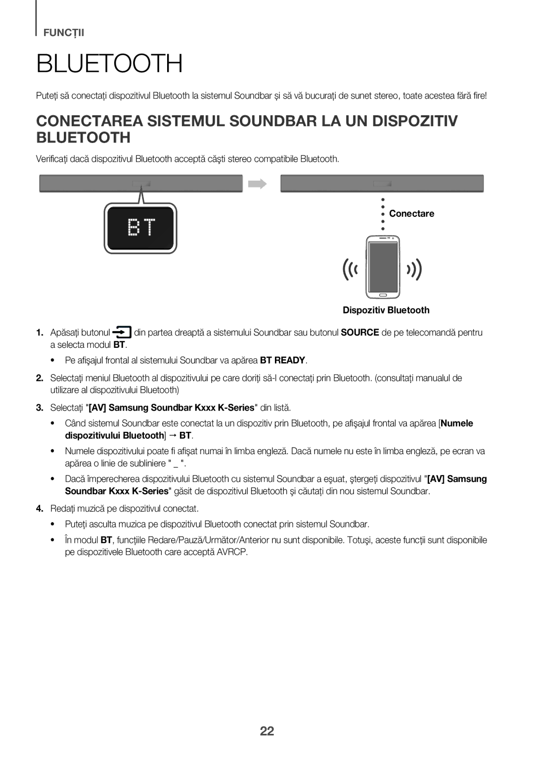 Samsung HW-K335/EN, HW-K335/ZG Conectarea Sistemul Soundbar LA UN Dispozitiv Bluetooth, Conectare Dispozitiv Bluetooth 