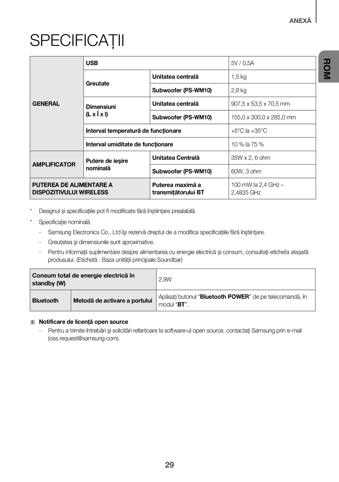 Samsung HW-K335/ZG, HW-K335/EN manual Specificaţii, Amplificator, Puterea DE Alimentare a, Dispozitivului Wireless 